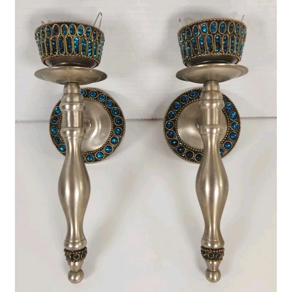 Pier 1 Brushed Pewter Jeweled Torch Style Set Wall Sconces Candle Holders 9